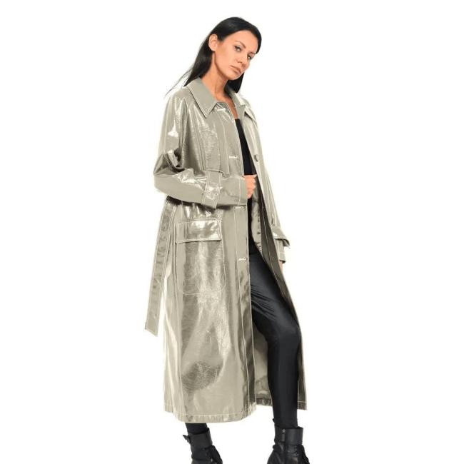 Wine Red Trench Women′s Slim Motorcycle PU Leather Coat Long Slim with Belt Women′s Leather Trench Coats