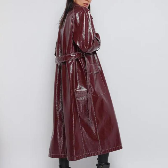 Wine Red Trench Women′s Slim Motorcycle PU Leather Coat Long Slim with Belt Women′s Leather Trench Coats