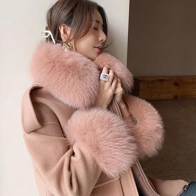 Korean Style Fall Winter Short Real Fox Fur Coat Women Genuine Wool Coat for Women with Fur Collar