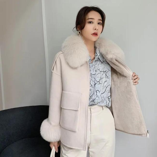 Korean Style Fall Winter Short Real Fox Fur Coat Women Genuine Wool Coat for Women with Fur Collar