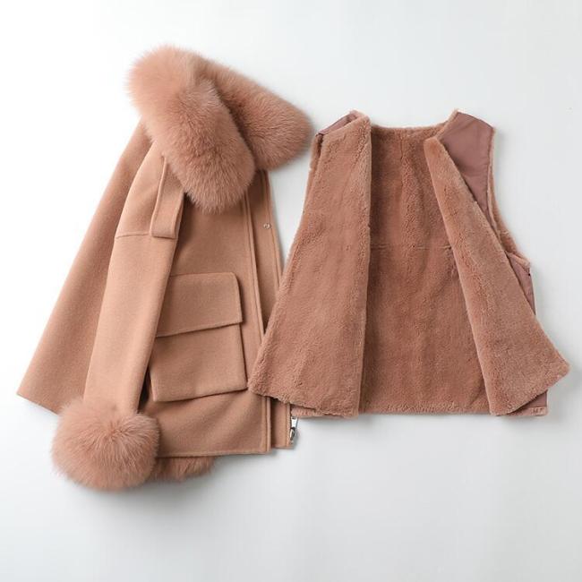 Korean Style Fall Winter Short Real Fox Fur Coat Women Genuine Wool Coat for Women with Fur Collar