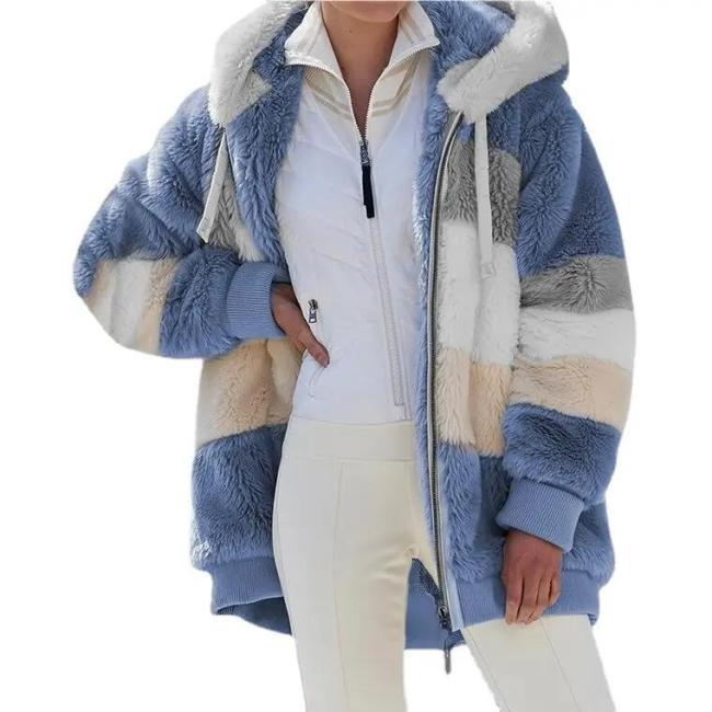 Winter Warm Women′s Jacket Plush Patchwork Zipper Women′s Coats Casual Hooded Loose Jacket for Women