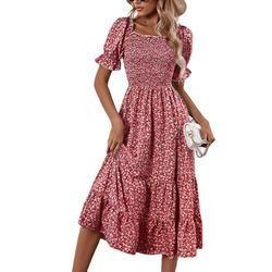                  Floral Print Dresses Short Puff Sleeve Square Neck Shirred Detail MIDI Women Dresses             