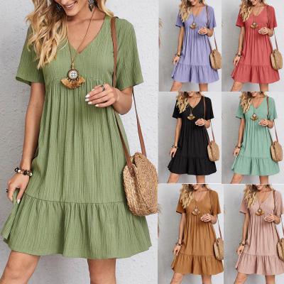China                  2023 Summer European and American Female Skirt Loose Casual Short Sleeve Waist Casual Dress              for sale