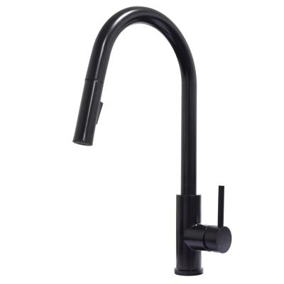 China Lead free Matte black long neck kitchen faucet single handle black kitchen faucet with pull out sprayer for sale