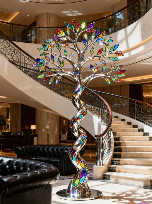 Metal tree sculpture with intricate branch details