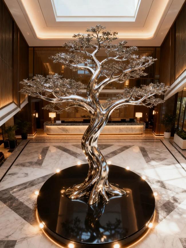 Artistic metal tree with reflective surfaces