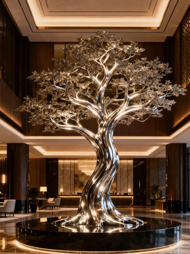 Custom metal tree sculpture in hotel garden