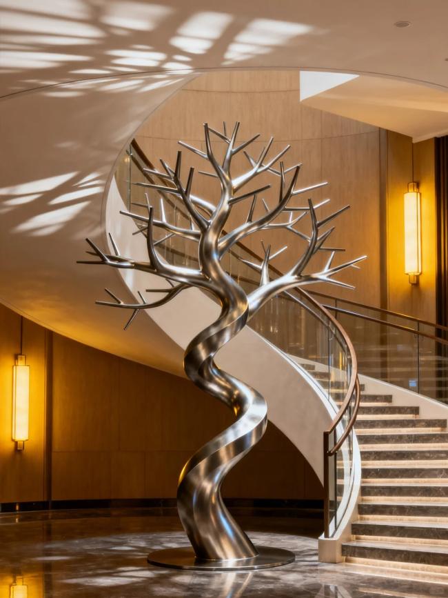 Metal tree installation in urban landscape