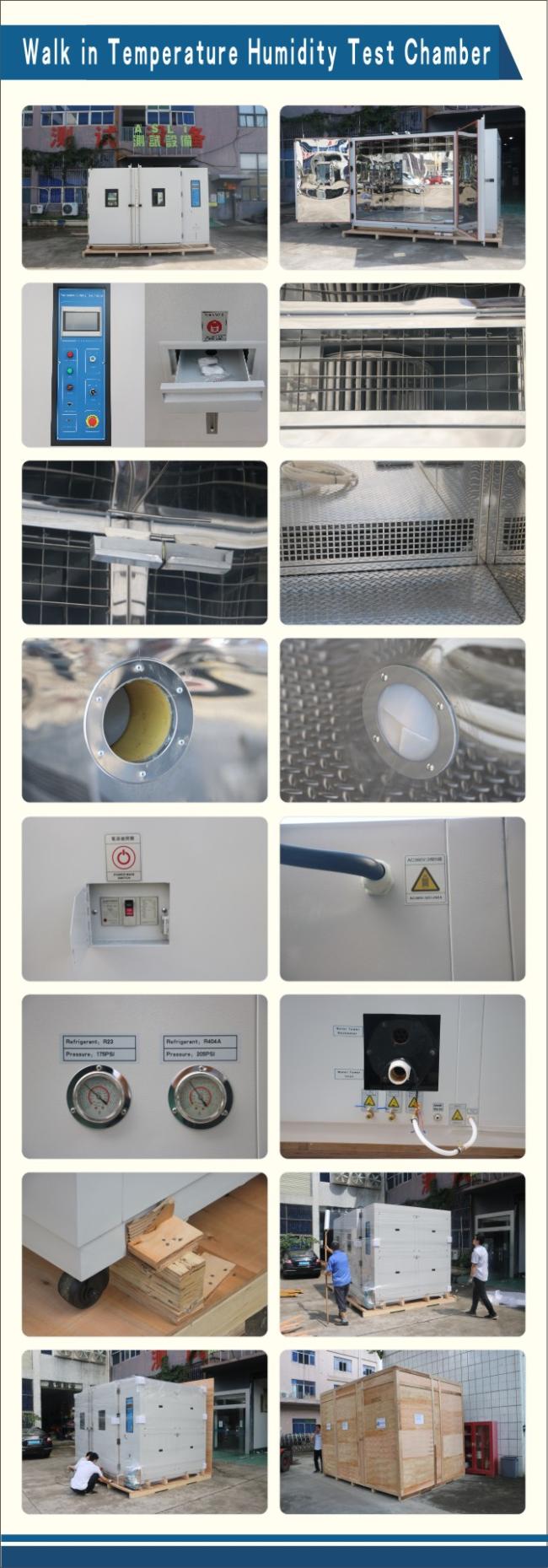 Interior view of walk-in climatic chamber showing stainless steel walls and shelving