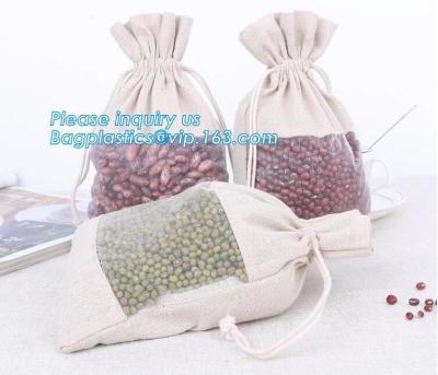 China custom packaging mung bean cloth bag cotton hemp drawstring bag with clear plastic mesh window,Jute Drawstring Bag For G for sale