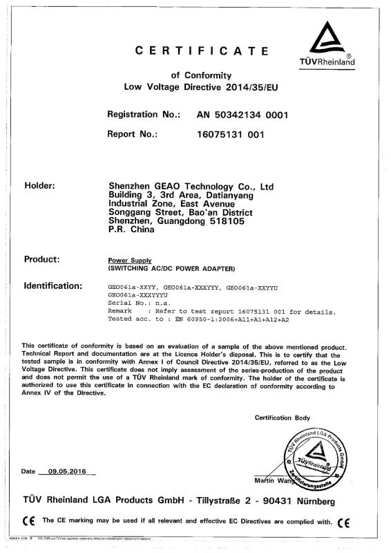 Power Adapter CE Certificate - Shenzhen GEAO Technology Co., Ltd.