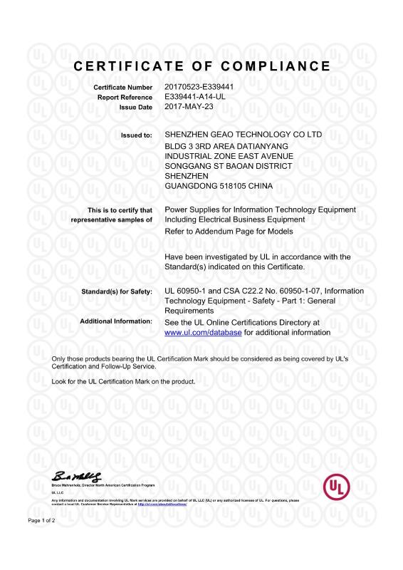 Power Adapter UL Certificate - Shenzhen GEAO Technology Co., Ltd.
