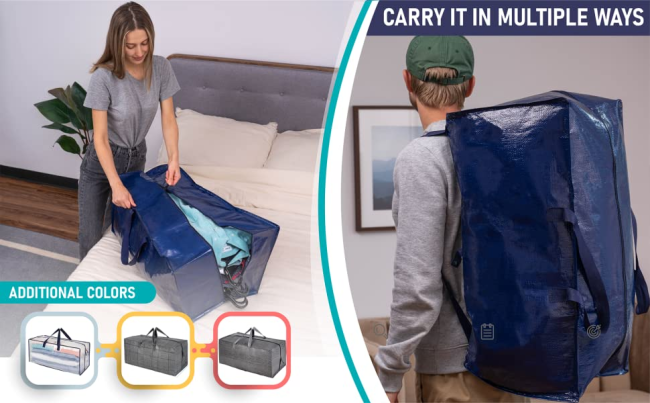 VENO moving bags can be carries as a backpack, it comes in blue, black, clear (transparent)