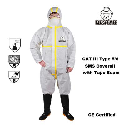 China Disposable Cat III Type 5/6 SMS Coverall with Tape seam for sale
