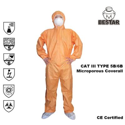 中国 CAT IIIのEN14126実験室の病院のための使い捨て可能な医学のつなぎ服のスーツのタイプ5B/6B 販売のため