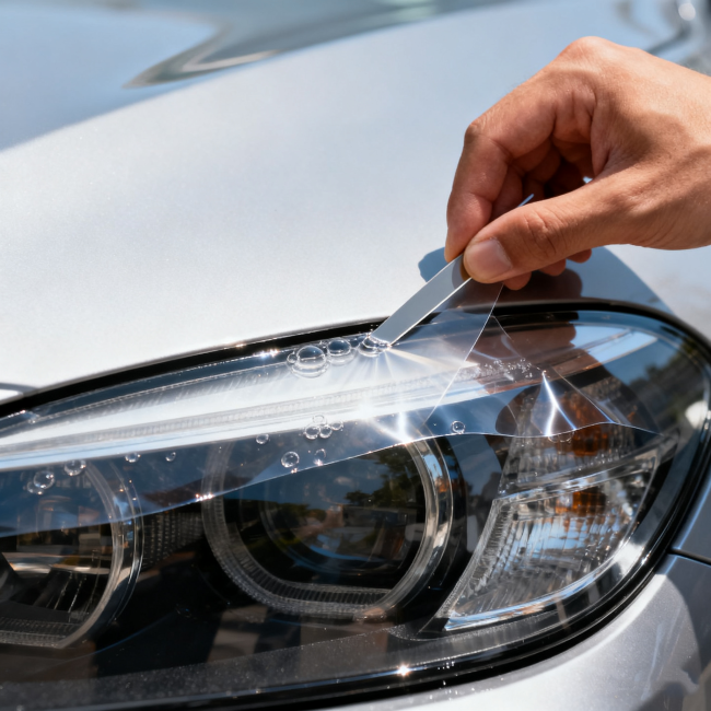 KL85 Headlight Protection Film application example showing light green tint on vehicle headlights