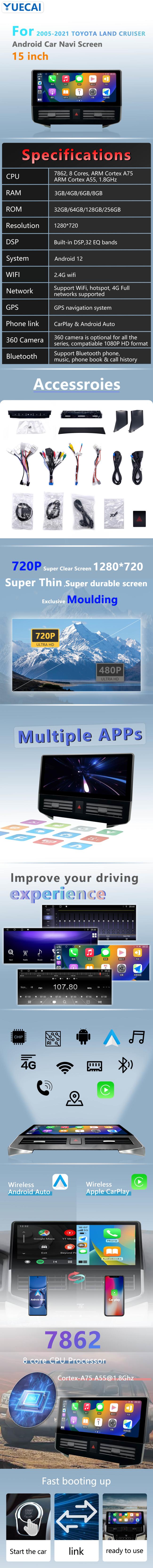 15-inch Android head unit for Toyota Land Cruiser displayed in dashboard