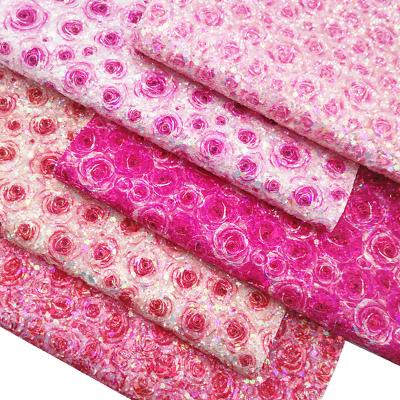 China Pink 100% PU Leather Printed Gretel Rose Flower Polyurethane Imitation Leather for sale