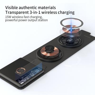 China New Qi Upgrade Transparent Portable Fast Wireless Charging 3 in 1 Folding Charger for sale