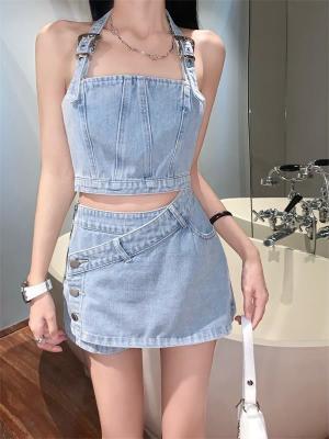 China Cowboy Halter Top Female Summer Suit High-Waisted Skirt Two-Piece Set for sale