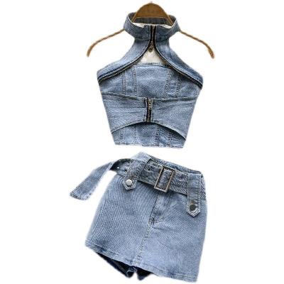 China Lady Denim Suit Halterneck Crop Top and Skirt Two-Piece Set for sale