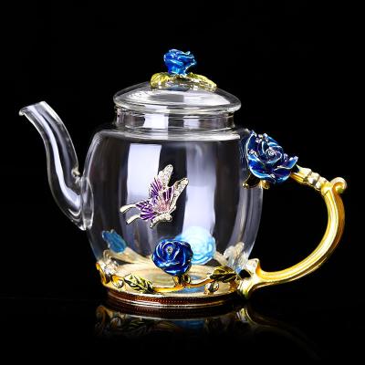 China 380ml Floral Glass Teapot With Gold Leaves Edge Floral Vintage Teapot Set for sale