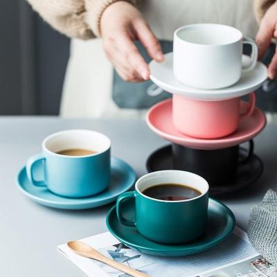 China Nuevo drinkware de cerámica de la taza del latte del platillo de la taza de la taza del capuchino del cuerpo grueso colorido y de café de los platillos en venta