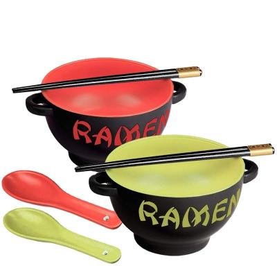 China Custom Printed Ceramic Ramen Bowl Set For Soup Noodle Round Shape for sale