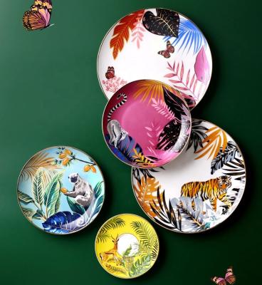 China Jungle Animal Pattern Ceramic Plate Set Round European Style For Home Party for sale