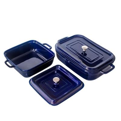 China Glaze Blue Rectangle Ceramic Bakeware Sets 165oz Large Capacity OEM for sale