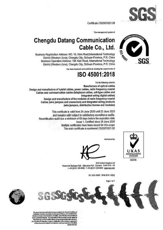 ISO 45001:2018 - Chengdu Datang Communication Cable, Co. Ltd.