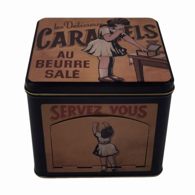 China Customized Square Caramel Candy Tin Can Hinged Lid Tin Box With Dispenser Opening for sale