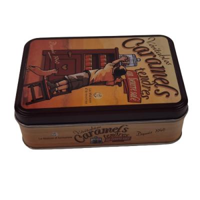 China Rectangular Caramel Nougat Candy Tin Can Tin Box Packaging With Hinged Lid for sale