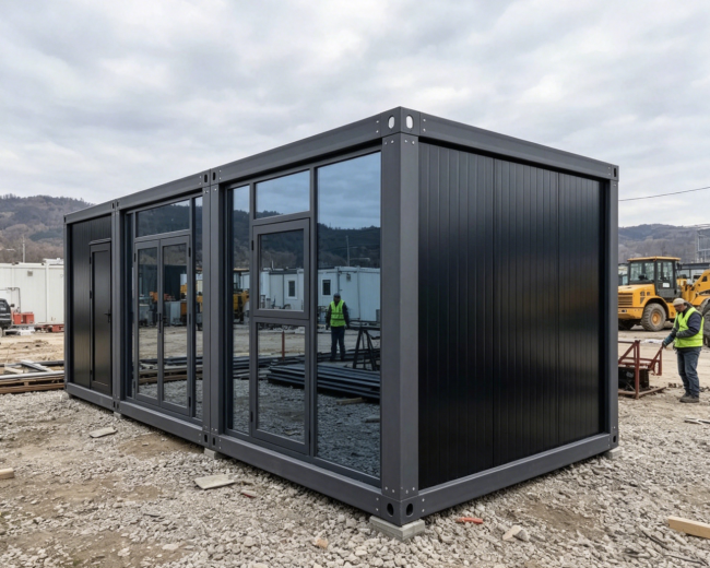 Luxury All Black Combined Container Villa exterior showing panoramic glass curtain wall and modern black design