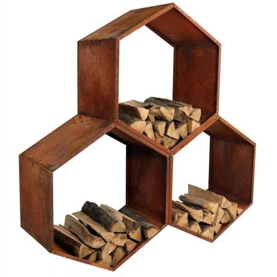 China Heavy Duty Hexagon Rustic Corten Steel Honeycomb Firewood Storage Log Rack for sale