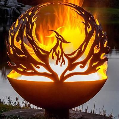 China Outdoor Metal Hollow Ball Phoenix Pattern Corten Steel Sphere Fire Pit for sale
