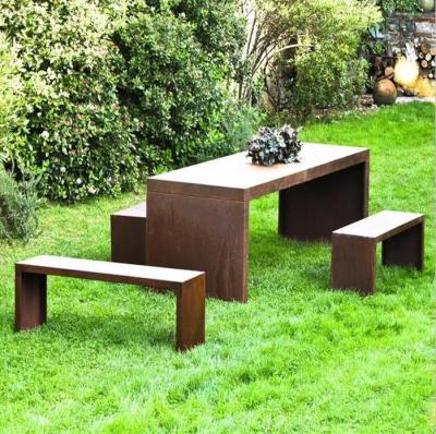 China Natural Rusted Geometric Metal Furniture Corten Steel Outdoor Table With Bench Set for sale
