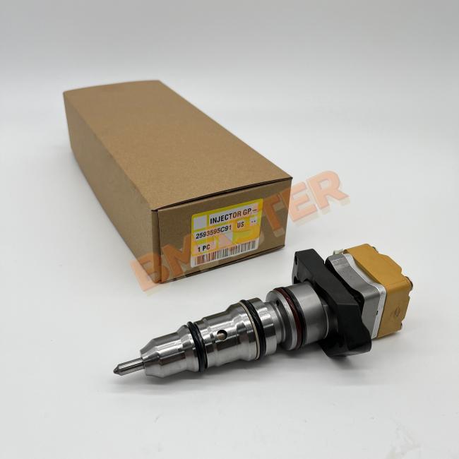 Caterpillar Fuel Injector 2593595C91 side view displaying solenoid housing and electrical connections