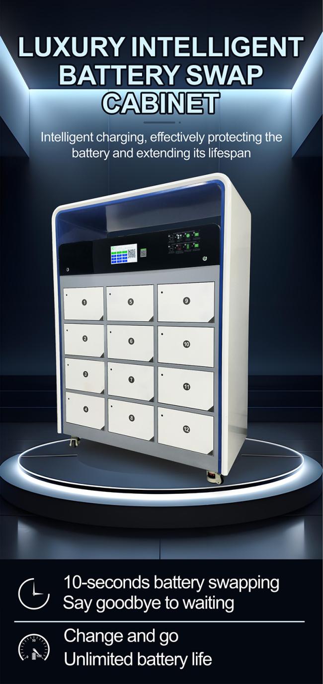 Front view of battery swapping cabinet showing display and access doors