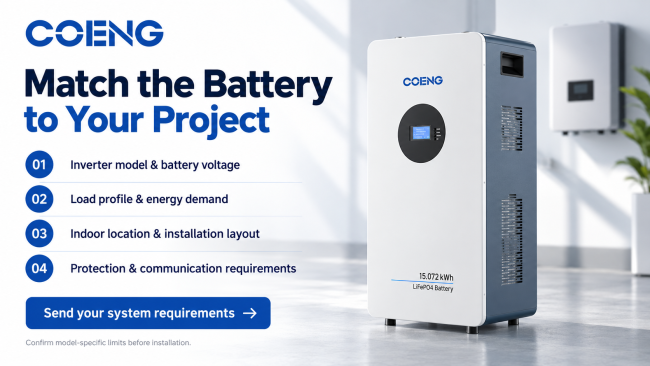 COENG WYLD48V314AH battery enclosure and terminal layout for indoor solar storage