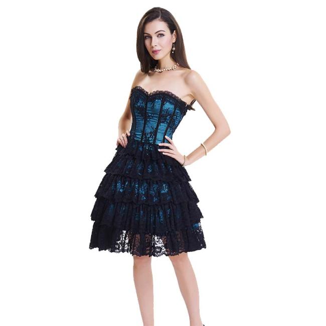 Dark Blue Lace Steel Bone Corset Dress side