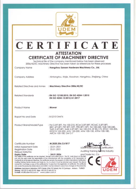 EN ISO 121:2010,EN ISO 4254-1:2015 EN ISO 4254-12:2012/A1:2017 - Hangzhou Sansen Hardware Machinery Co.,Ltd.