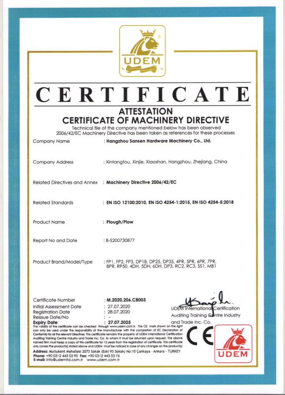 EN ISO 12100:2010,EN ISO 4254-1:2015,EN ISO 4254-5:2018 - Hangzhou Sansen Hardware Machinery Co.,Ltd.