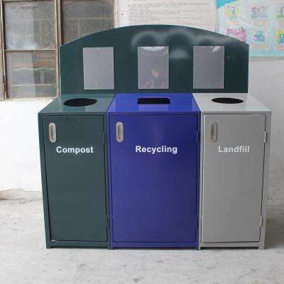 China 3 Compartment Steel Outdoor Trash Cans With Cover Lid Rustproof for sale