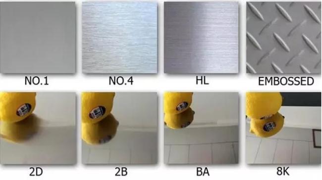 Close-up view of stainless steel sheet surface treatments