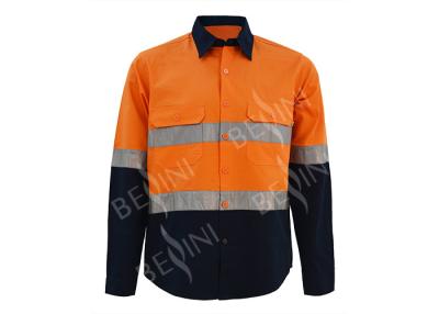 China Men's 100%Cotton Twill Two Tone Orange/Navy Work Shirt Long Sleeve Mesh Back Patch Reflective Tape Chest Pockets for sale
