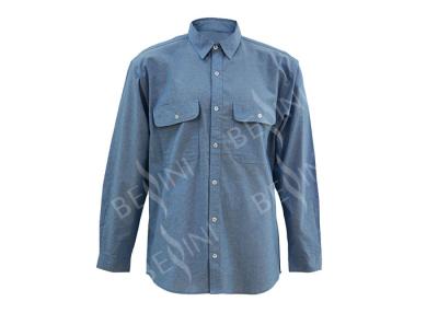 China Men's 100%Cotton Chambray Blue Work Shirt Long Sleeve Chest Pockets Detailed Sleeve Band for sale
