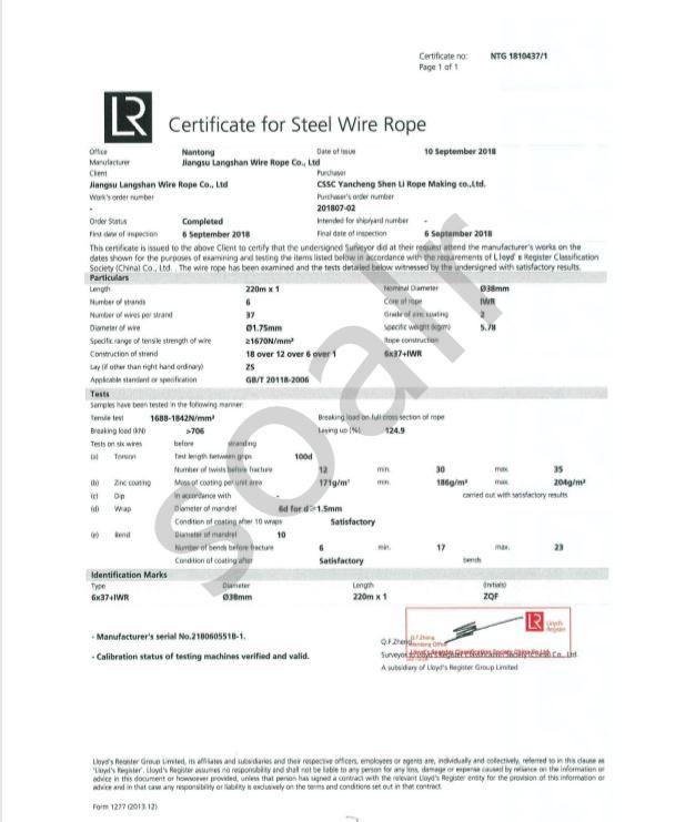 LR CERTIFICATE FOR STEEL WIRE ROPE - Shanghai Solar Steel Wire Rope & Sling Co., Ltd.