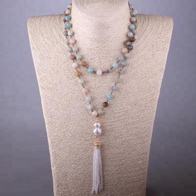 中国 Bohemian Natural Stone Rosary Necklace Natural Amazonite Stone Rosary Women Promotion Fashion Jewelry Freshwater Pearl and Crystal Tassel Necklace 販売のため